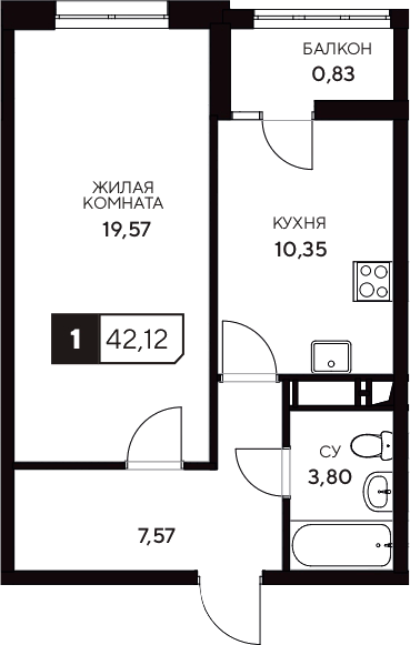 Планировка — Центральный. Гамма, 1-комн., 41 м²