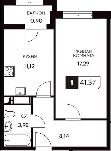 Планировка — Центральный. Гамма, 1-комн., 40 м²