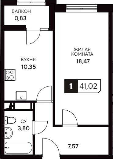 Планировка — Центральный. Гамма, 1-комн., 40 м²