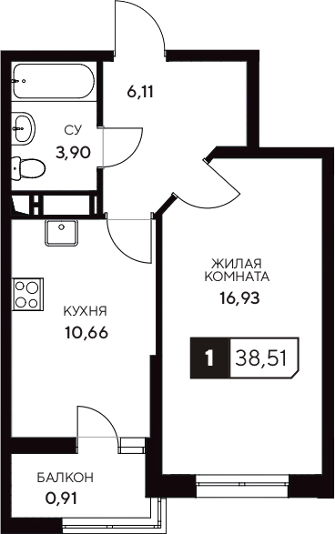 Планировка — Центральный. Гамма, 1-комн., 38 м²