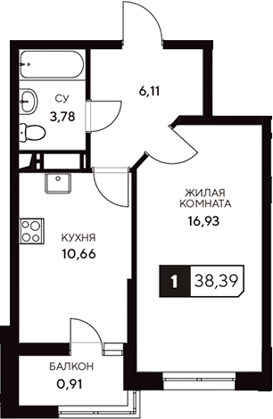 Планировка — Центральный. Гамма, 1-комн., 37 м²
