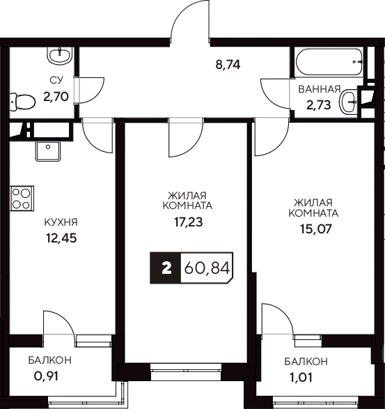 Планировка — Центральный. Гамма, 2-комн., 59 м²