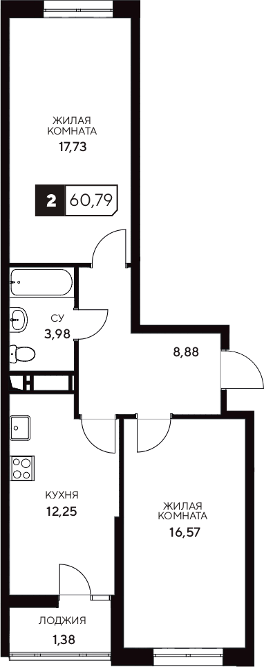 Планировка — Центральный. Гамма, 2-комн., 59 м²