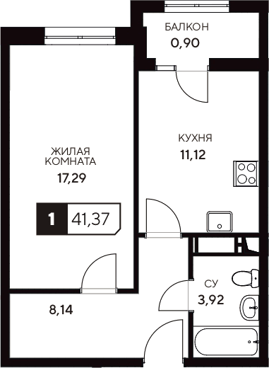 Планировка — Центральный. Гамма, 1-комн., 40 м²
