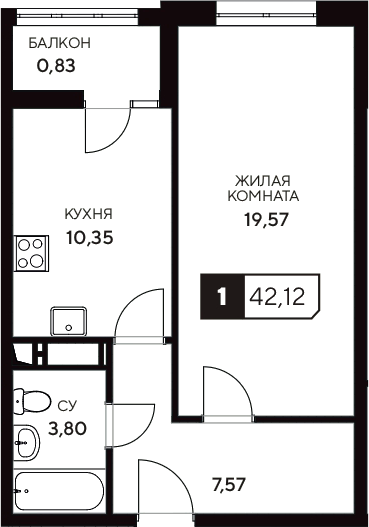 Планировка — Центральный. Гамма, 1-комн., 41 м²