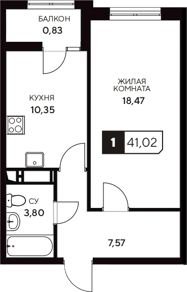 Планировка — Центральный. Гамма, 1-комн., 40 м²