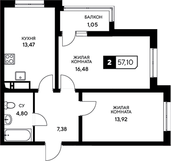 Планировка — Центральный. Гамма, 2-комн., 56 м²