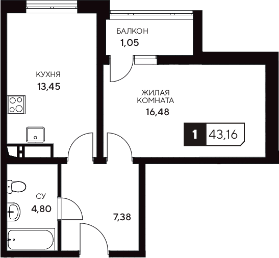 Планировка — Центральный. Гамма, 1-комн., 42 м²