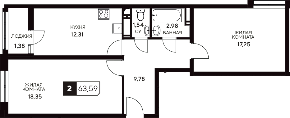 Планировка — Центральный. Гамма, 2-комн., 62 м²