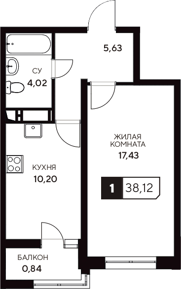 Планировка — Центральный. Гамма, 1-комн., 37 м²