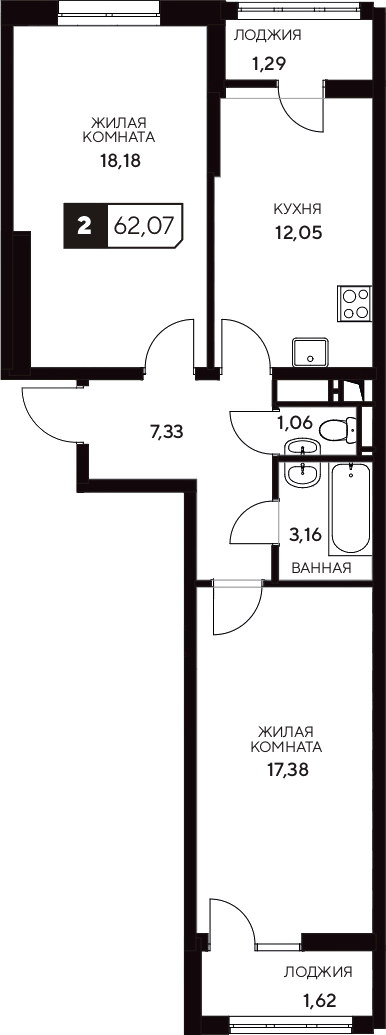 Планировка — Центральный. Гамма, 2-комн., 59 м²