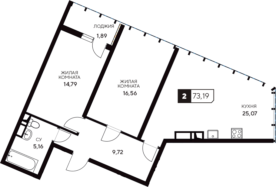 Планировка — Центральный. Гамма, 2-комн., 71 м²