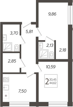 Планировка — Кислород, 2-комн., 45 м²