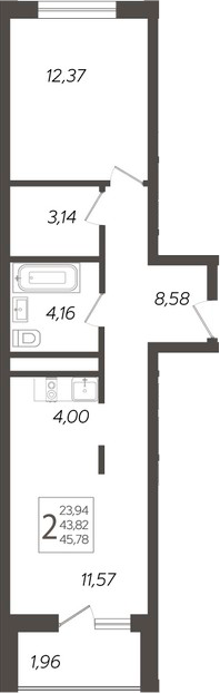 Планировка — Кислород, 2-комн., 44 м²