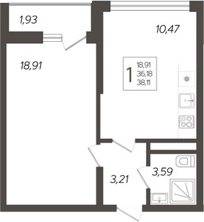 Планировка — Кислород, 1-комн., 36 м²