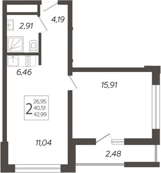 Планировка — Кислород, 2-комн., 41 м²