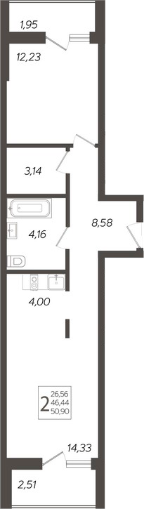 Планировка — Кислород, 2-комн., 46 м²