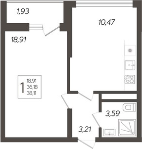 Планировка — Кислород, 1-комн., 36 м²