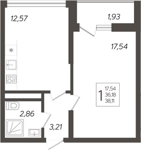 Планировка — Кислород, 1-комн., 36 м²
