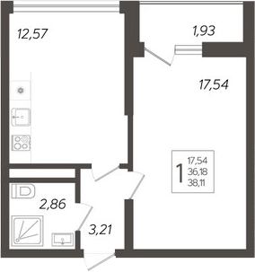 Планировка — Кислород, 1-комн., 36 м²