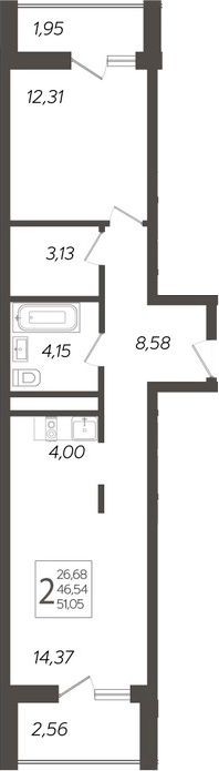 Планировка — Кислород, 2-комн., 47 м²
