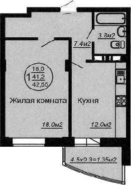 Планировка — Кубаночка, 1-комн., 44 м²