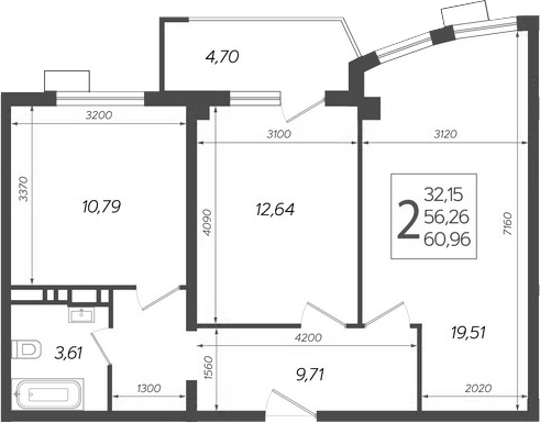 Планировка — Режиссер, 2-комн., 56 м²