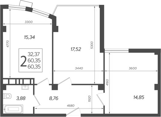 Планировка — Режиссер, 3-комн., 60 м²