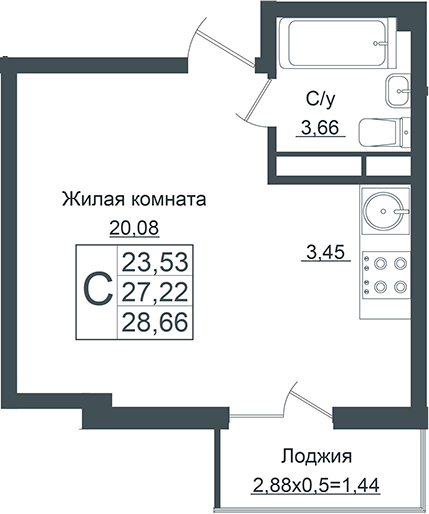 Планировка — Европа-Сити, Студия, 27 м²