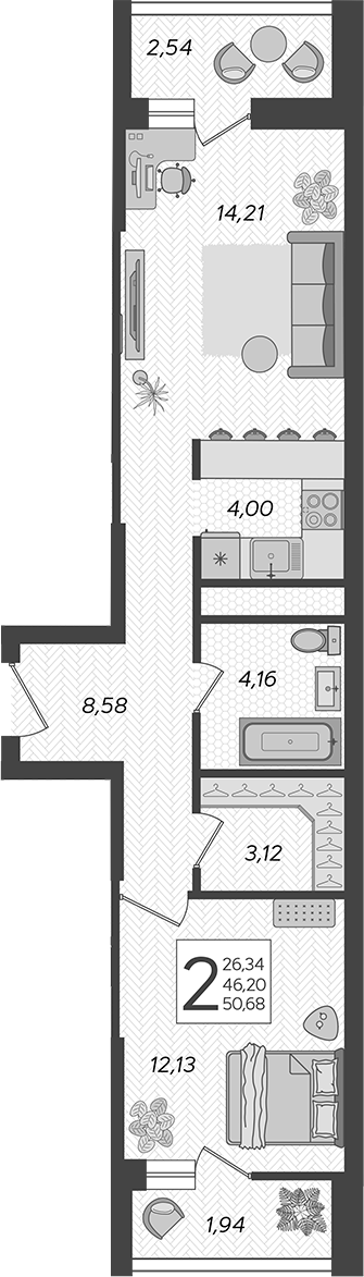 Планировка — Кислород, 2-комн., 48 м²