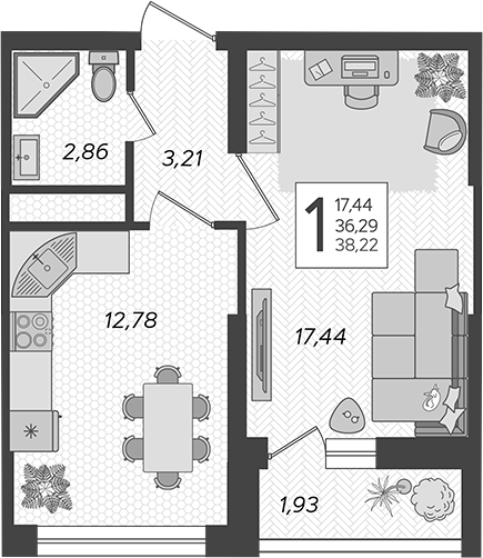 Планировка — Кислород, 1-комн., 37 м²