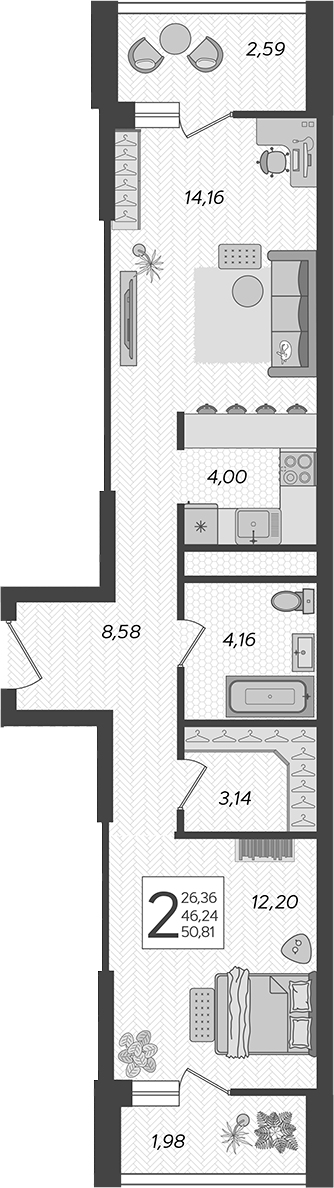 Планировка — Кислород, 2-комн., 47 м²