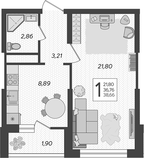 Планировка — Кислород, 1-комн., 37 м²
