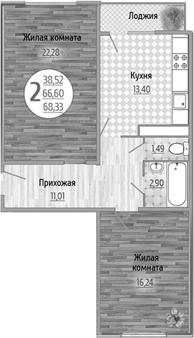 Планировка — Солнечный, 2-комн., 67 м²
