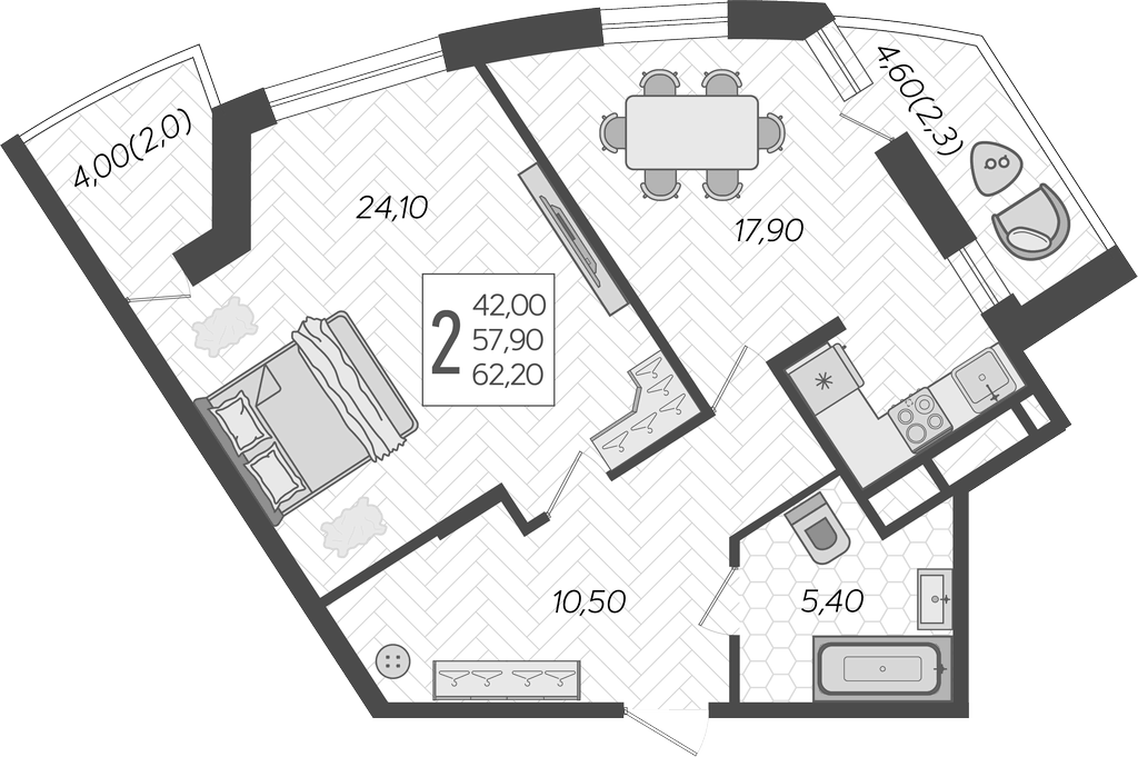 Планировка — Зеленодар, 2-комн., 58 м²