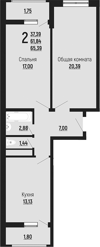 Планировка — Славянка, 2-комн., 62 м²
