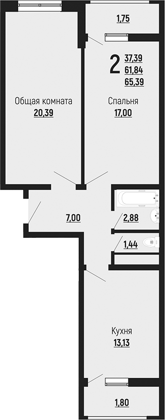 Планировка — Славянка, 2-комн., 62 м²