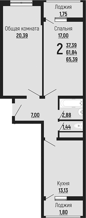 Планировка — Славянка, 2-комн., 62 м²