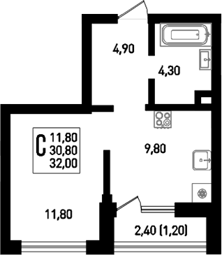 Планировка — Югге, Студия, 32 м²