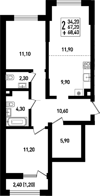Планировка — Югге, 3-комн., 69 м²