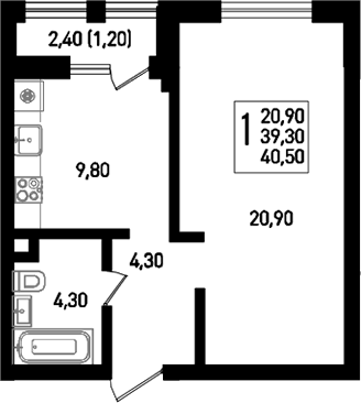 Планировка — Югге, 1-комн., 41 м²