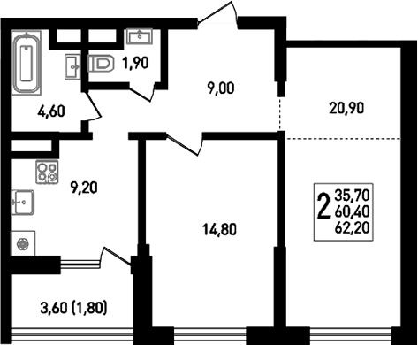Планировка — Югге, 2-комн., 62 м²