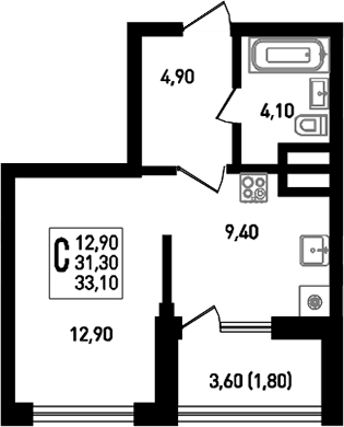 Планировка — Югге, Студия, 33 м²