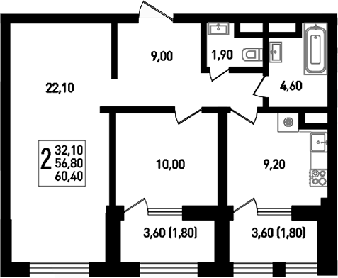 Планировка — Югге, 2-комн., 60 м²
