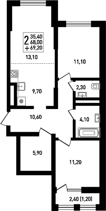 Планировка — Югге, 3-комн., 70 м²