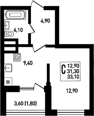 Планировка — Югге, Студия, 33 м²