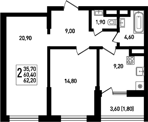 Планировка — Югге, 2-комн., 62 м²