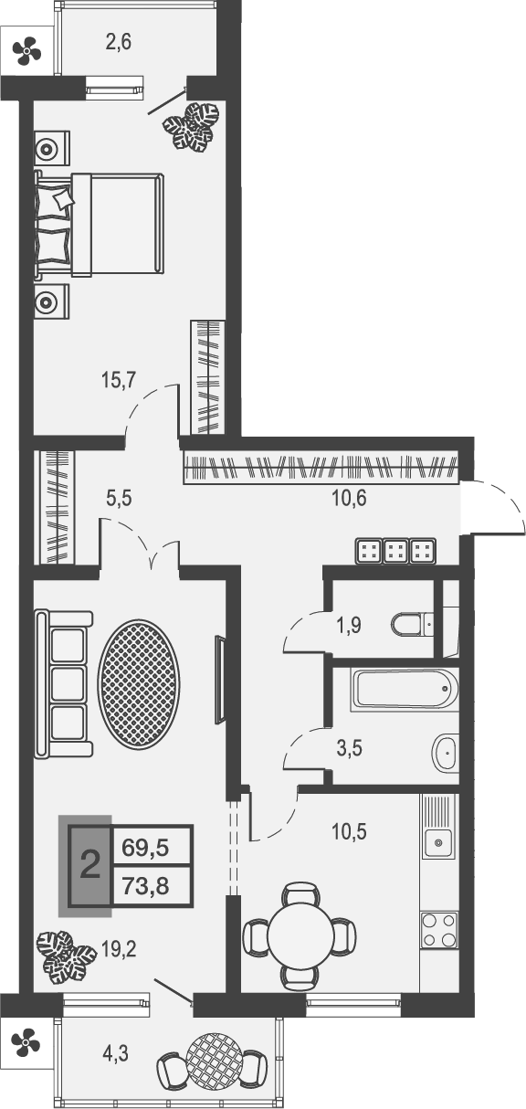 Планировка — Дом у озера, 2-комн., 67 м²