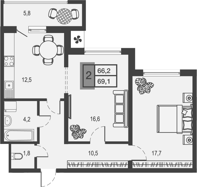Планировка — Дом у озера, 2-комн., 63 м²