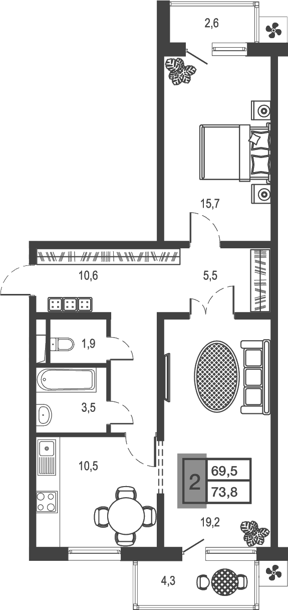Планировка — Дом у озера, 2-комн., 67 м²
